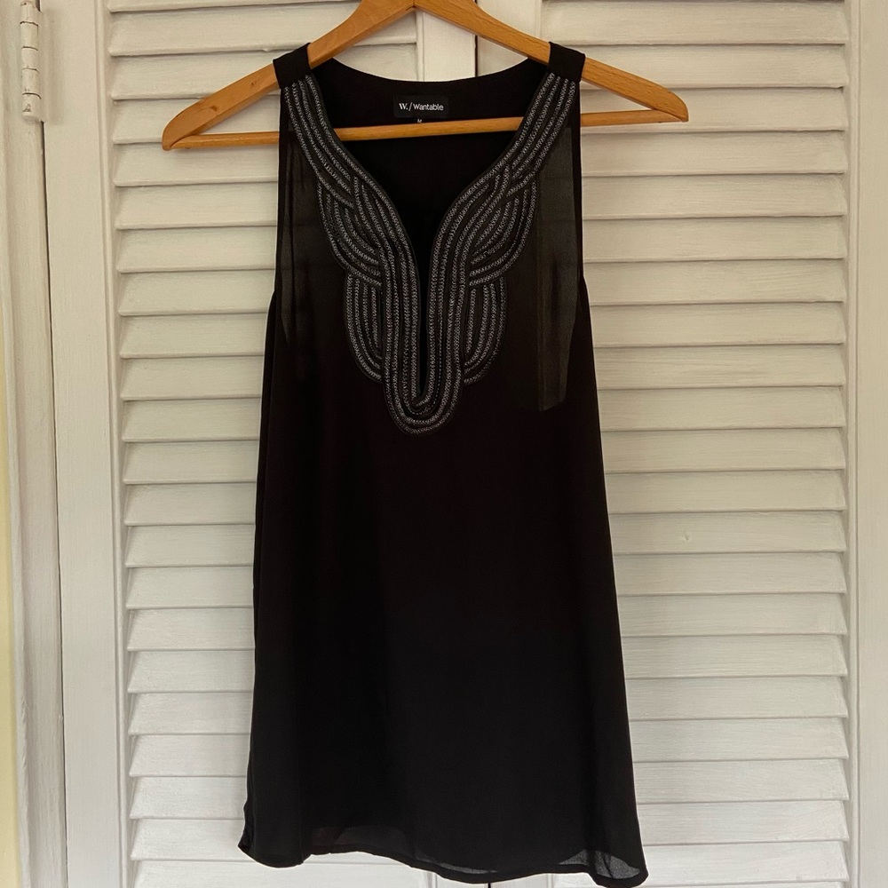 {Wantable} Black Silky Tank with Sparkly Neckline - Medium - Picture 2 of 5